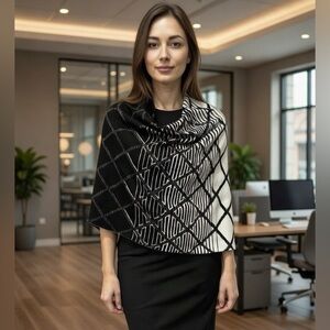 Ming Wang Hope Wrap Black White Large Knit Shawl Limited Edition Diamond Print
